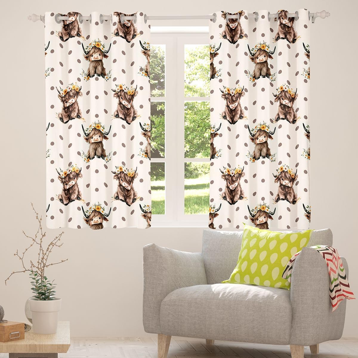 Feelyou Highland Cow Blackout Curtains Black Polka Dot Darkening Drapes for Bedroom Living Room Decor Vintage Floral Thermal Insulated Shades Window Treatments, 2 Panels 38 x 54 Inch