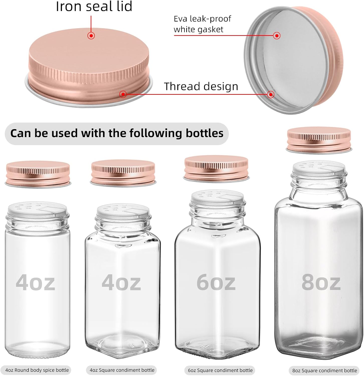 12 Iron Spice Jar Lids with 12 Shaker Inserts, Fit 4oz & 6oz Glass Jars, Airtight Metal Caps, 2-in-1 Pour & Sprinkle Design for Salt, Pepper & Seasoning (Jars Not Included) (Rose Gold) image 3
