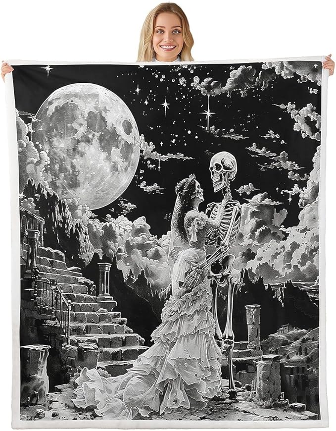 Erosebridal Sugar Skull Blanket 40x50,Romantic Skeleton Couple Throw Blanket,Glitter Starry Sky Stars Fuzzy Fleece Blankets,Trippy Skull Bones Bed Blankets