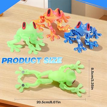 3Pcs 3D Printed Frog (8inch), Realistic Jointed Jumping Frogs Model, Cute 3D Printed Animals Frog Decoration for Fridge and Metal Surfaces