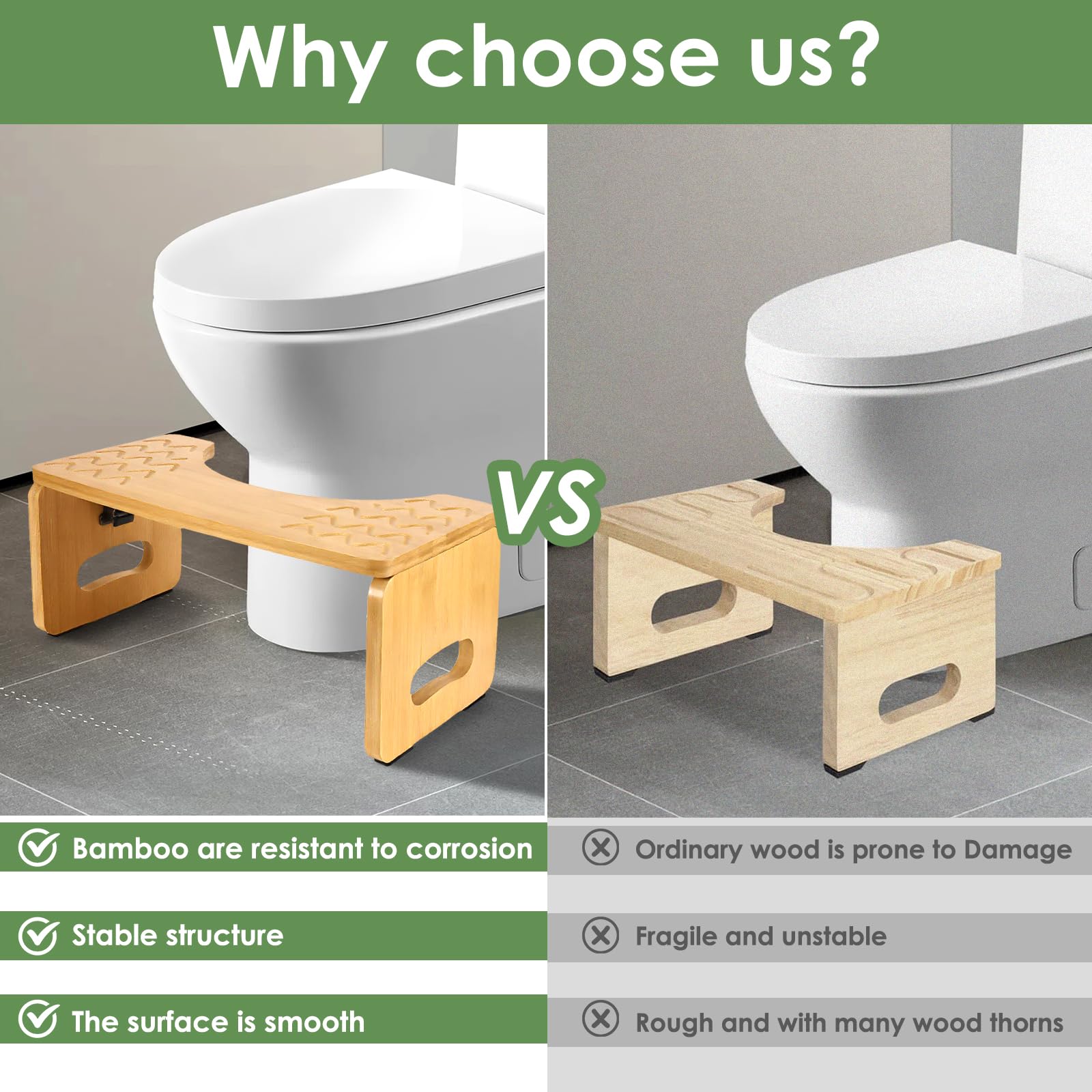 Sgabello WC in bambù, sgabello da 8,5 pollici, per adulti, ergonomico, per adulti e bambini, in legno originale