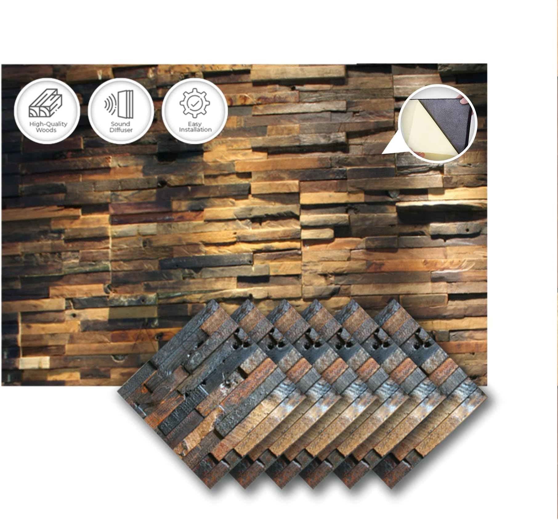 Acepunch 6 pieces 3D Wooden Wall Art Panel Home Decorative Sound Tile for Soundproofing Acoustic Music Insulator for Home Office or Studio Room Rustic Vintage Style 30 x 30 cm AP1237