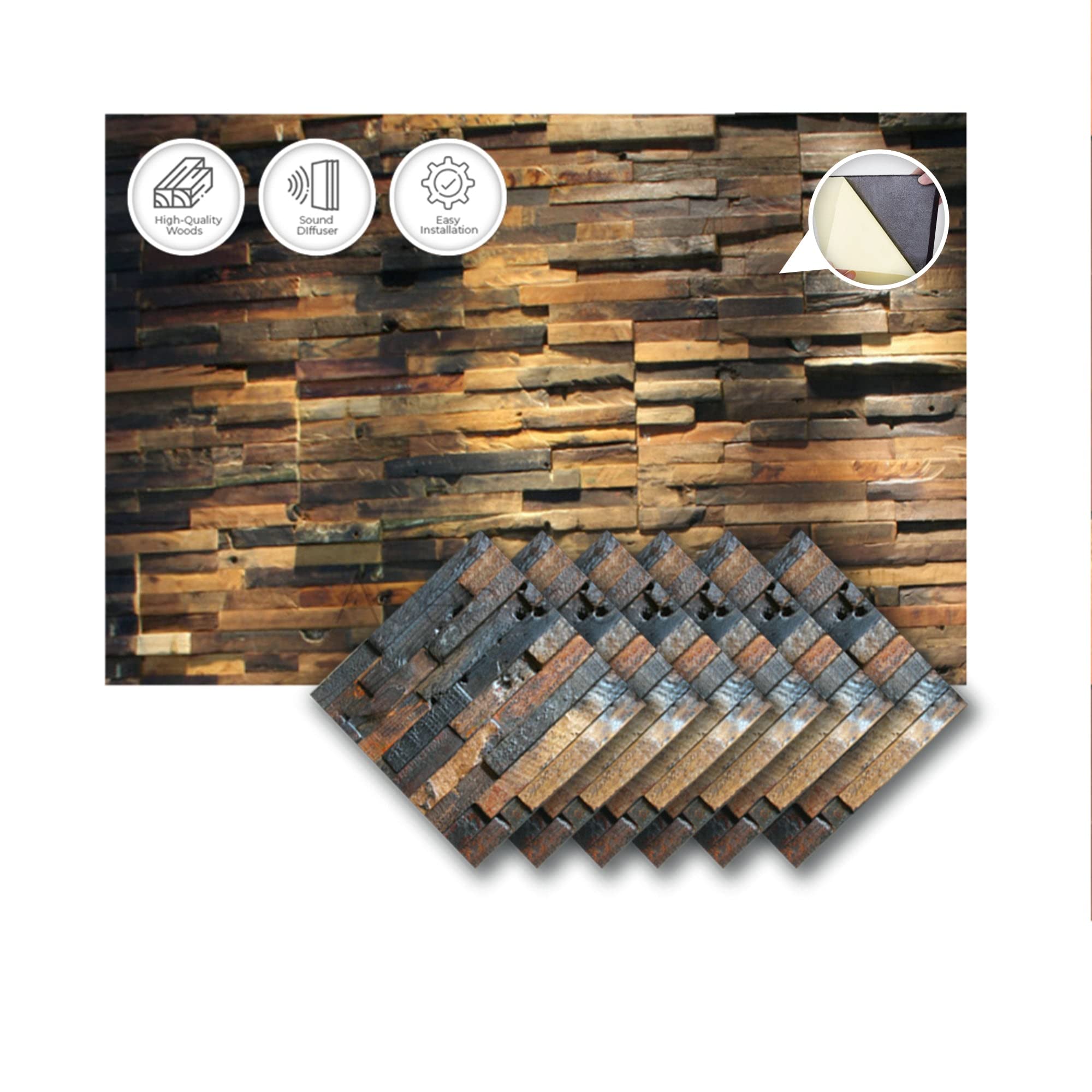 Acepunch 6 pieces 3D Wooden Wall Art Panel Home Decorative Sound Tile for Soundproofing Acoustic Music Insulator for Home Office or Studio Room Rustic Vintage Style 30 x 30 cm AP1237
