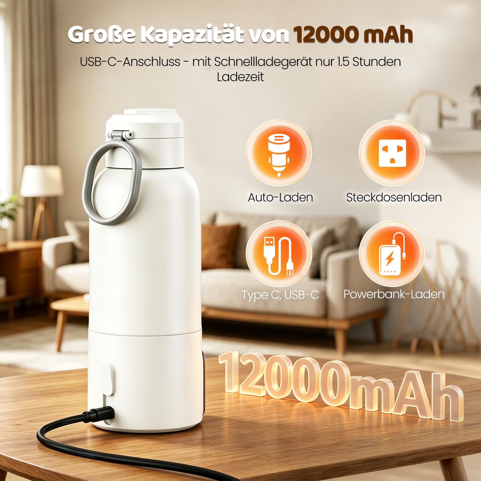 Scalda Biberon Neonato Portatile 500ml, Scaldabiberon Elettrico Portatile 12000mAh con Cavo di Ricarica, Potenza 140W Riscaldamento Rapido in Pochi Minuti, per Viaggi E Allattamento Notturno, Bianco