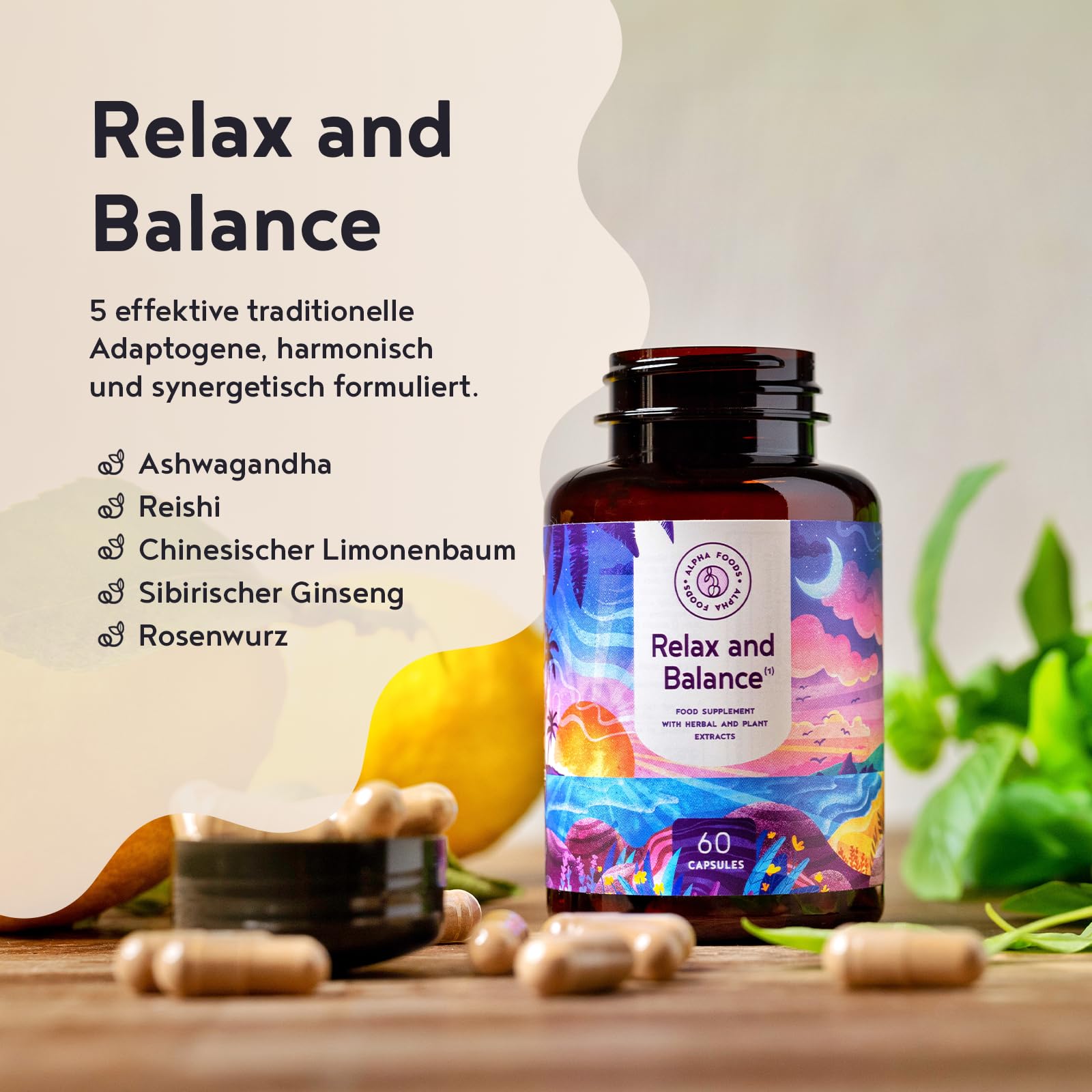 Ruhe & Ausgleich | 60 Vegane Kapseln | Entspannung mit Adaptogenen | Ashwagandha, Reishi, Schisandra, Sibirischer Ginseng, Rosenwurz | HPCL-Laborgeprüft | Alpha Foods