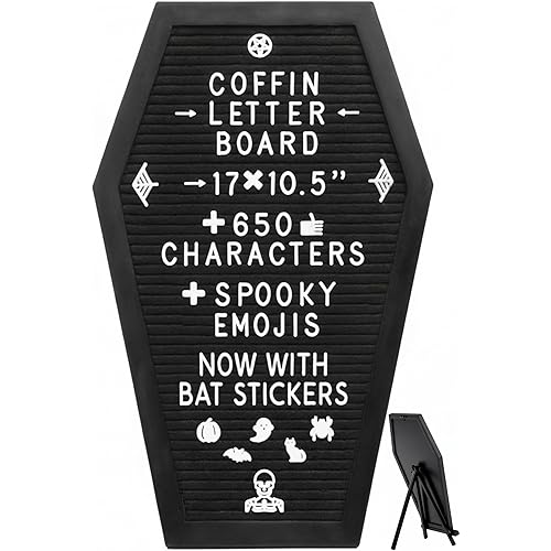 Coffin Letter Board Black +3D Bat Stickers +650 Characters, Spooky & Seasonal Emojis, Wooden Stand - 17x10.5 Inches - Coffin Shaped Goth Decor Sign Witchy Halloween Decorations Gothic Decor Birthday Wedding Home Spooky Gifts