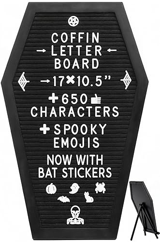 Coffin Letter Board Black +3D Bat Stickers +650 Characters, Spooky & Seasonal Emojis, Wooden Stand - 17x10.5 Inches - Coffin Shaped Goth Decor Sign Witchy Halloween Decorations Gothic Decor Birthday Wedding Home Spooky Gifts