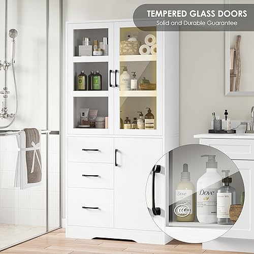 Miniatura 5 de HIFIT Armario alto de almacenamiento para baño, gabinete de lino moderno con 2 puertas de exhibición de vidrio, estantes y cajón, armario de 67