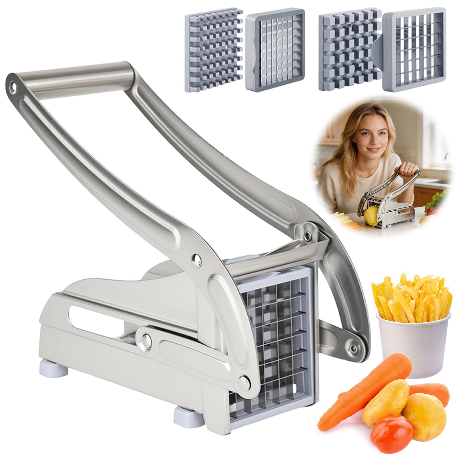 CEWROM Pommesschneider Edelstahl, Kartoffelschneider Scheiben mit 2 Klingengrößen, Kartoffelschneider für hausgemachte Pommes, Pommesschneider Edelstahl mit Rutschfester Saugtechnologie