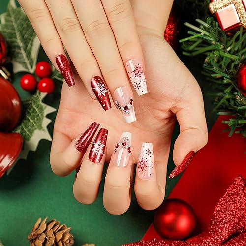 Uñas postizas a presión de Navidad de longitud media, uñas postizas de ataúd, uñas acrílicas rojas y rosas con copos de nieve, diamantes de