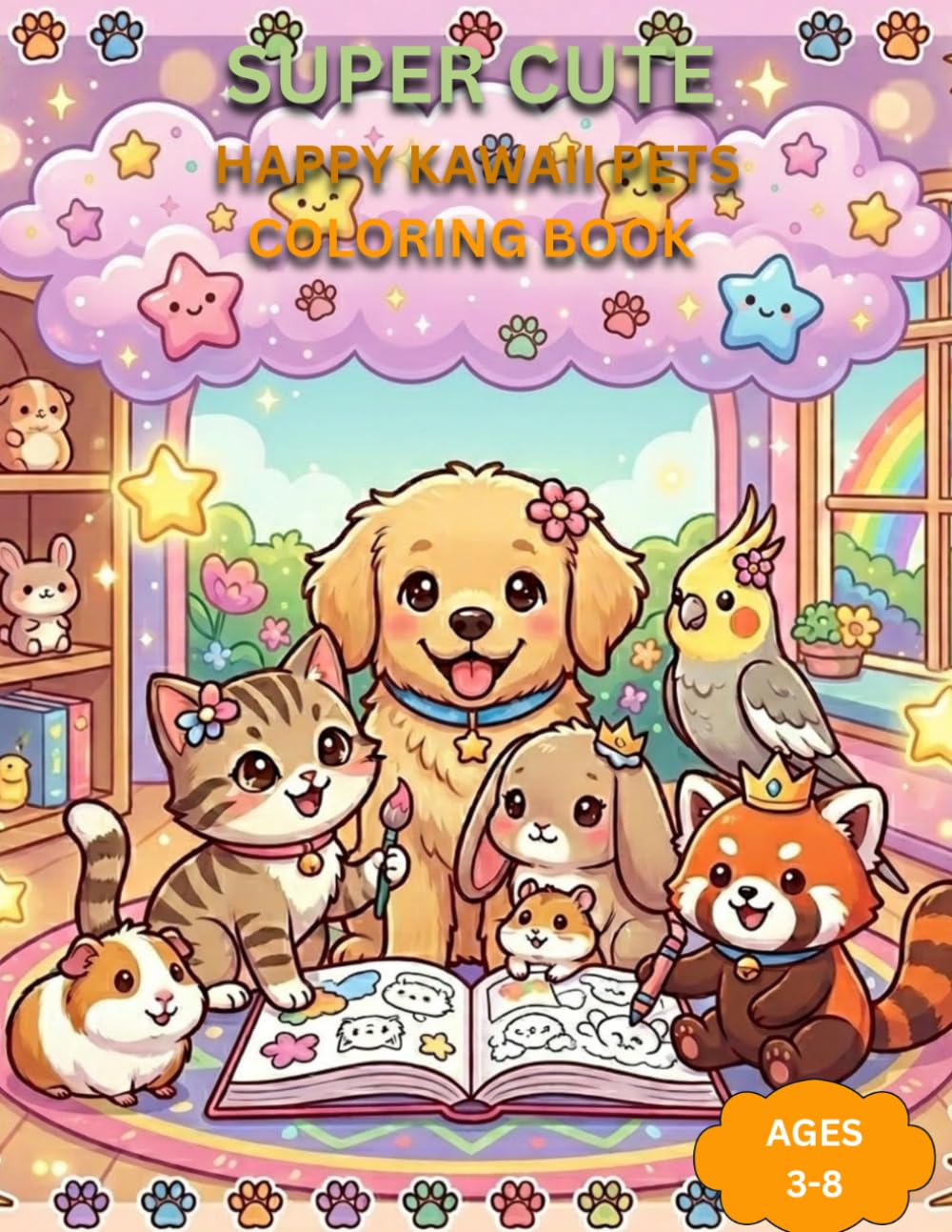 Super Cute Happy Kawaii Pets Coloring Book: 50 Adorable and Easy Kawaii Pet Coloring Pages for Kids Ages 3-8
