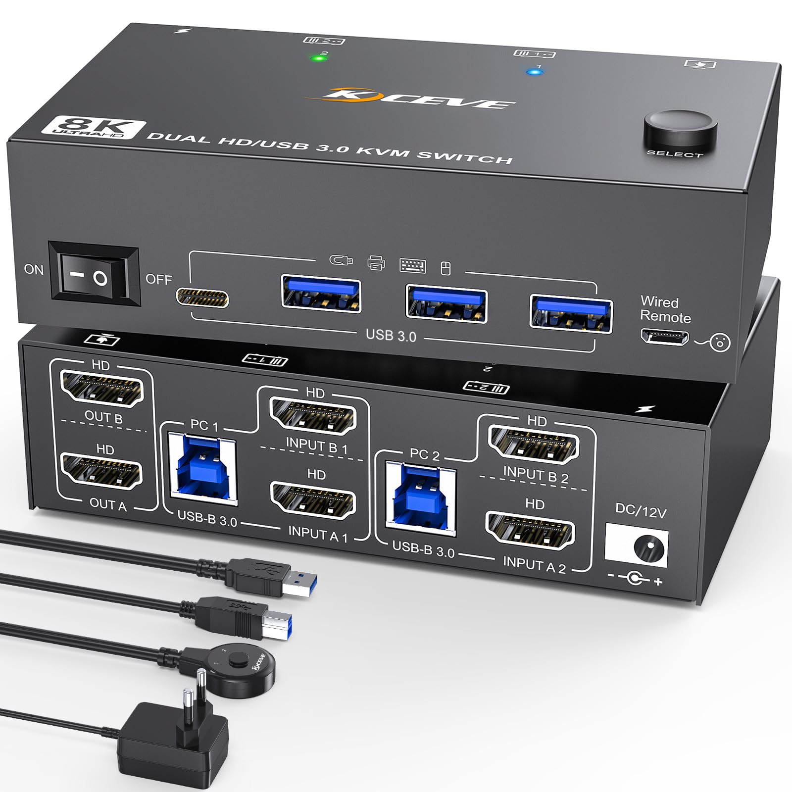 8K HDMI KVM Switch 2 computer 2 monitor 8K@60Hz, Switch KVM USB 3.0 Camgeet per 2 PC Condividi 2 monitor e 4 hub USB 3.0, con telecomando cablato, adattatore di alimentazione 12 V, cavo USB incluso