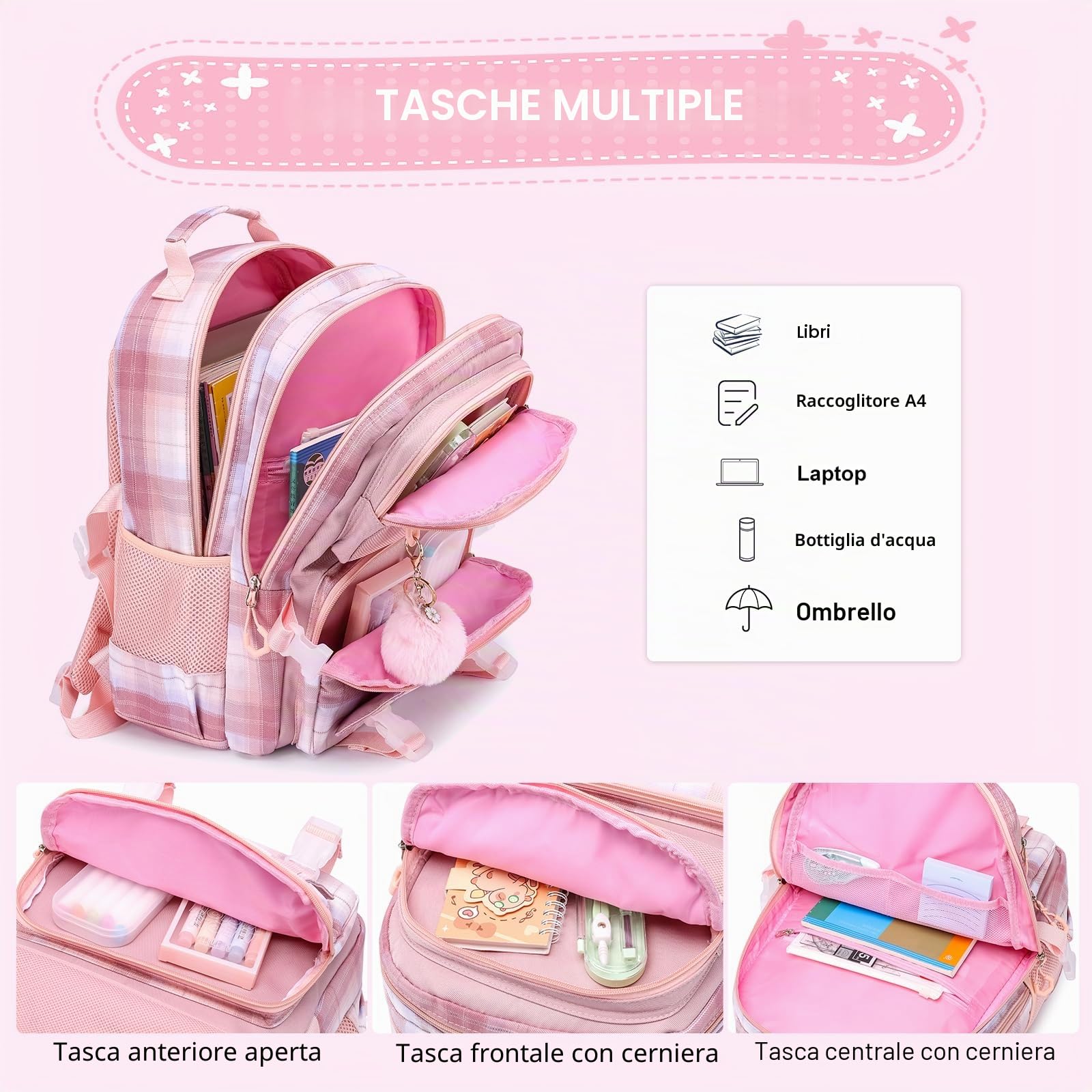 KEBEIXUAN Borsa scuola primaria per bambini, zaino personalizzato per bambini, borsa per libri scolastici da bambina, con ciondolo Kawaii, per bambini dai 6 ai 12 anni