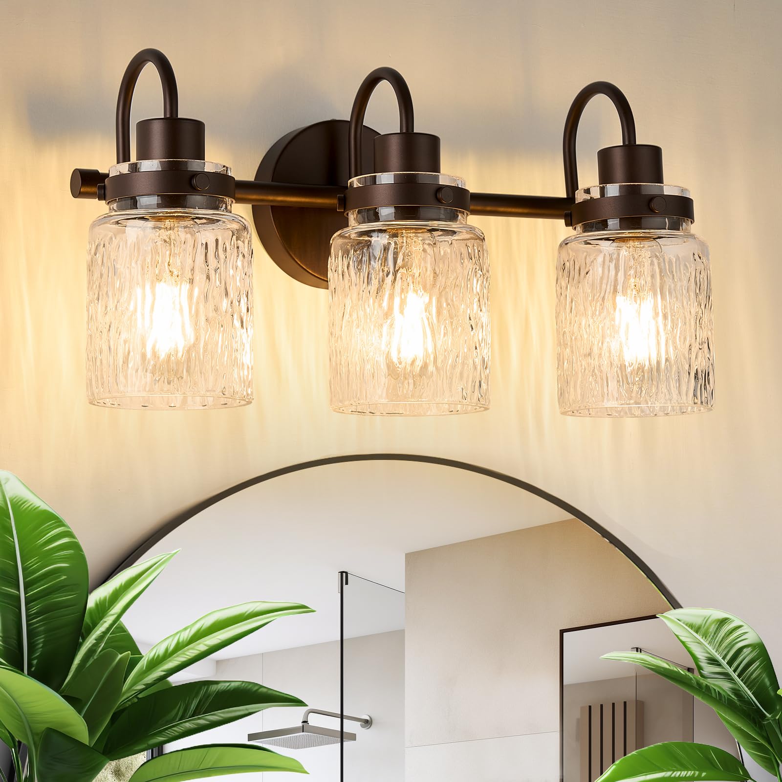 Photo 1 of AMRUIPO 3 Lights Bathroom Vanity Light, Oil Rubbed Bronze Bathroom Light Fixtures with Hammered Glass Lampshade for Dressing Table,Over Mirror,Hallway