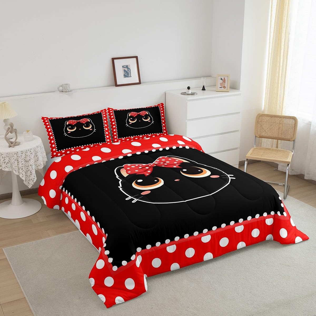 Kawaii Cat Kids Bedding Sets Cute Animal Girly Red Bowknot Print Reversible Comforter for Boys White Dots Plaid Quilt Set Soft Duvet Insert,1 Pillowcase Toddler Size
