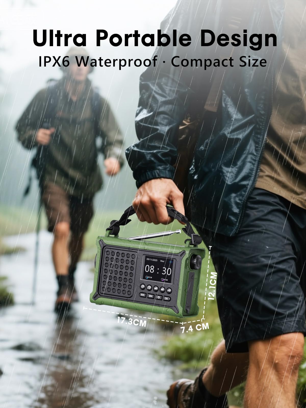 ROCAM Tragbares DAB+ Radio mit Bluetooth, 12000mAh Kurbelradio mit 8500mm² Solarpanel & 650mA Kurbel, DAB/UKW Digital Radio mit 2,4" Farbdisplay, 80 Sender, LED-Taschenlampe, SOS, IPX6 für Notfälle
