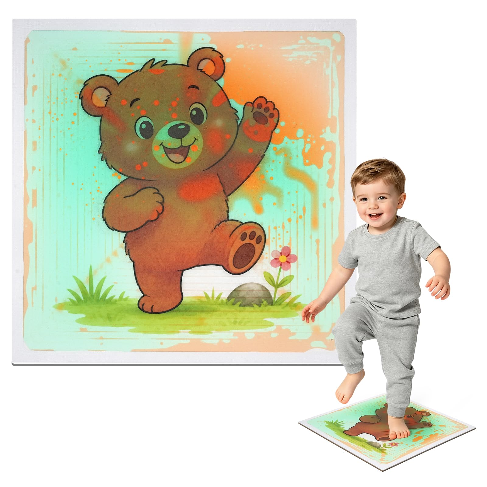 Ymoryiyi 15.7x15.7in Green Yellow Bear Liquid Sensory Tile for Kids, 1 Pack