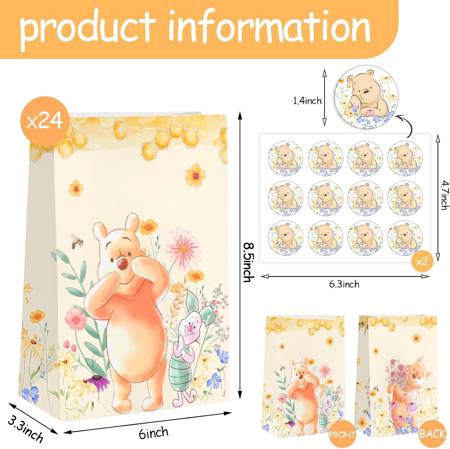 wjrsxilt 24pcs Winnie Goodie Bag for Birthday Party Decorations,Honey Bear Party Gift Bags Paper Lunch Bags for the Pooh Baby Shower Wedding Bread Cookie Snack Thank You Gift Wrapping Bag image 3
