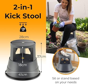 COSTWAY Step Stool, Rolling Kick Stool with Retractable Wheels and Non-Slip Rubber Platform, Lightweight Round Stepping Kickstool for Home Office Kitchen Warehouse, 150kg Load Capacity