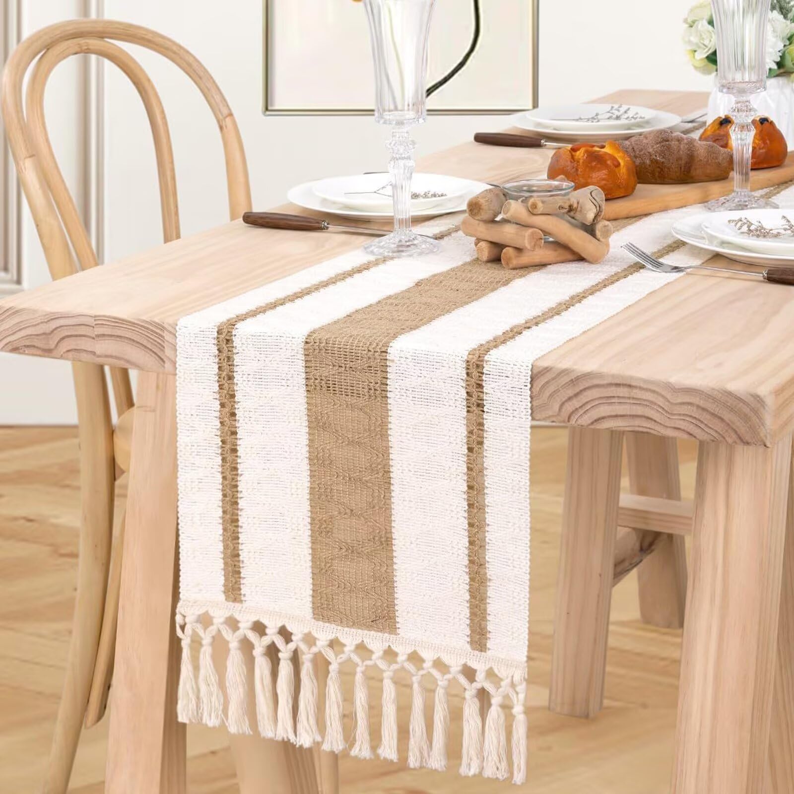 Gnkbtof Brown B 30 Cm X 220 Cm Linen Table Runner Rustic Farmhouse Style Striped Linen Table Runner Long With Tassels For Dining Room Kitchen Reading Dresser Décor