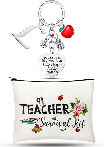 Miniatura 19 de Set de regalos de agradecimiento para profesores, kit de supervivencia para profesores, llavero con bolsa de maquillaje inicial, bolsa de cosméticos