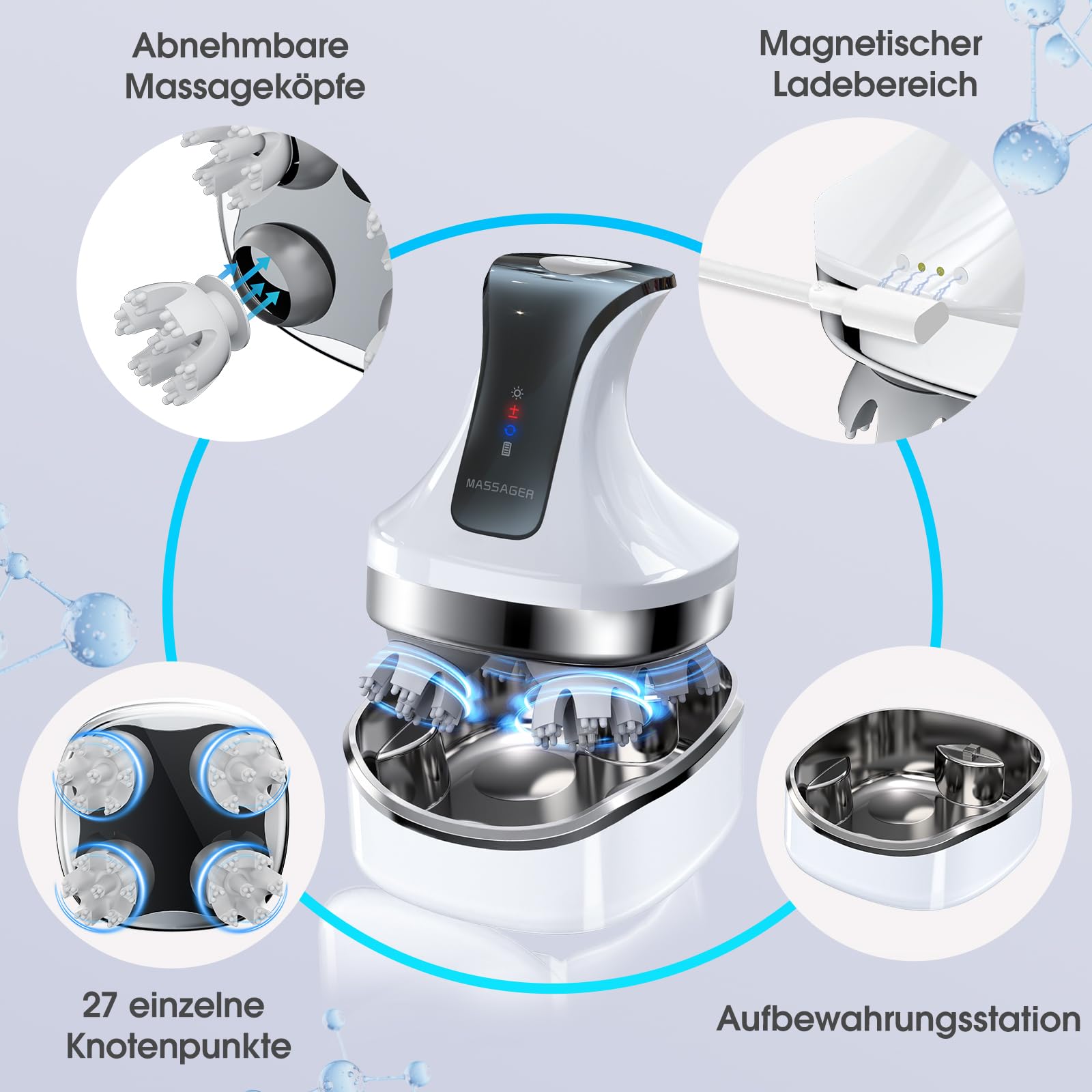 Kopfhautmassagegerät Elektrisch 4D, Nacken- und Schultermassagegerät mit 108 Silikon-Knetknoten, Kabelloser Körper-Massager für Beine & Rücken, IPX7 Wasserdicht, 4 Modi, Stressabbau - Weiß