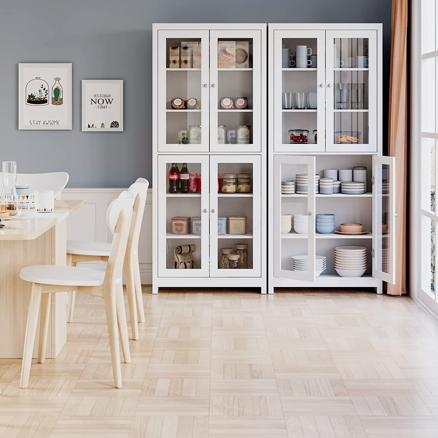 FOREHILL 190cm Vitrina de Cristal, Vitrina Salón, Mueble de Salón, Aparador Comedor, Aparador Cocina, Estantería Oficina, con 6 Estantes 4 Puertas, Madera y Cristal, Blanco, 80x33x190cm