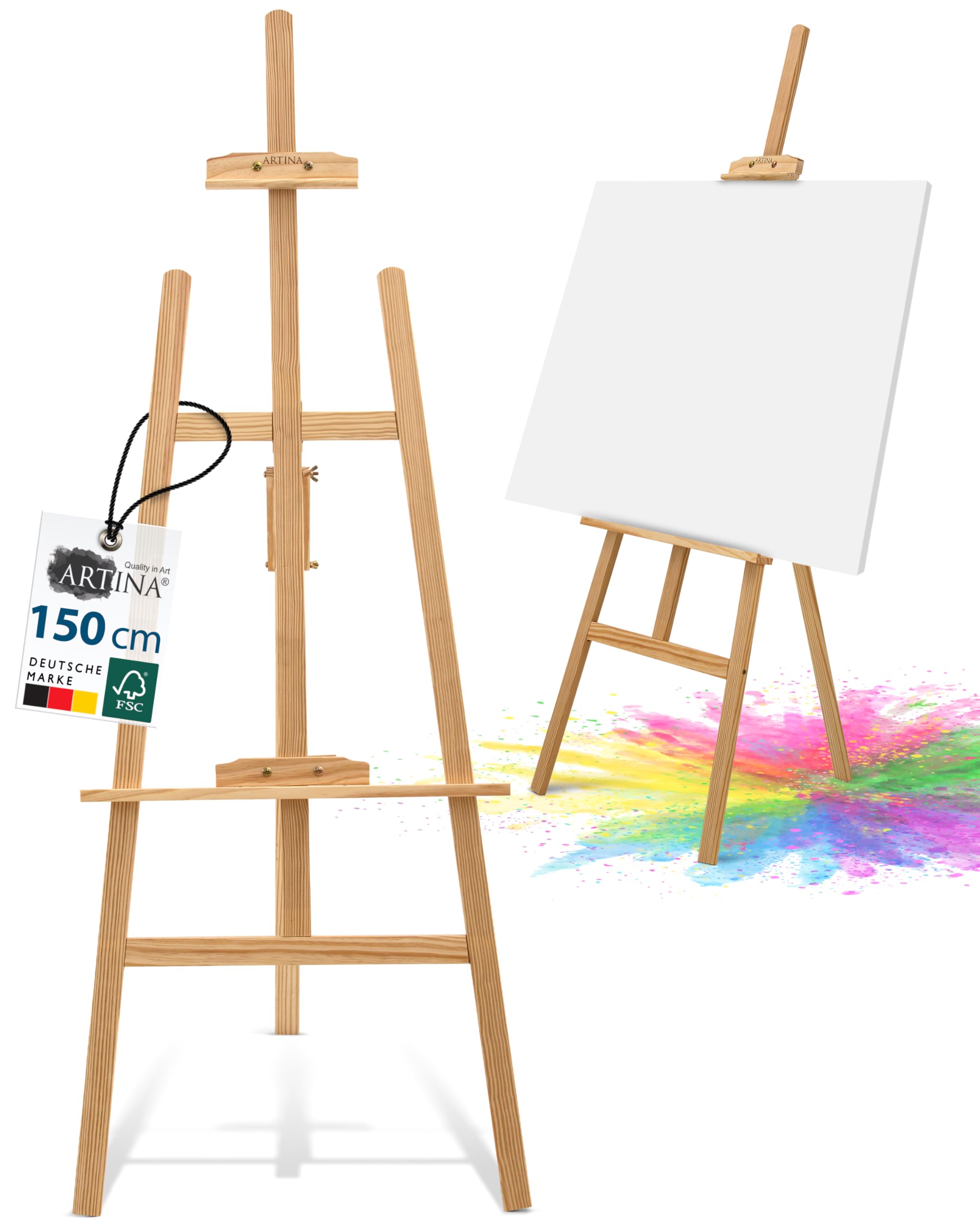 Artina 24 pcs kit peinture acrylique avec chevalet bois pour débutants | 150cm 5 toiles 8 couleurs 12ml pinceaux spatules palette coffret créatif enfants adultes réglable hauteur FSC set Corsica