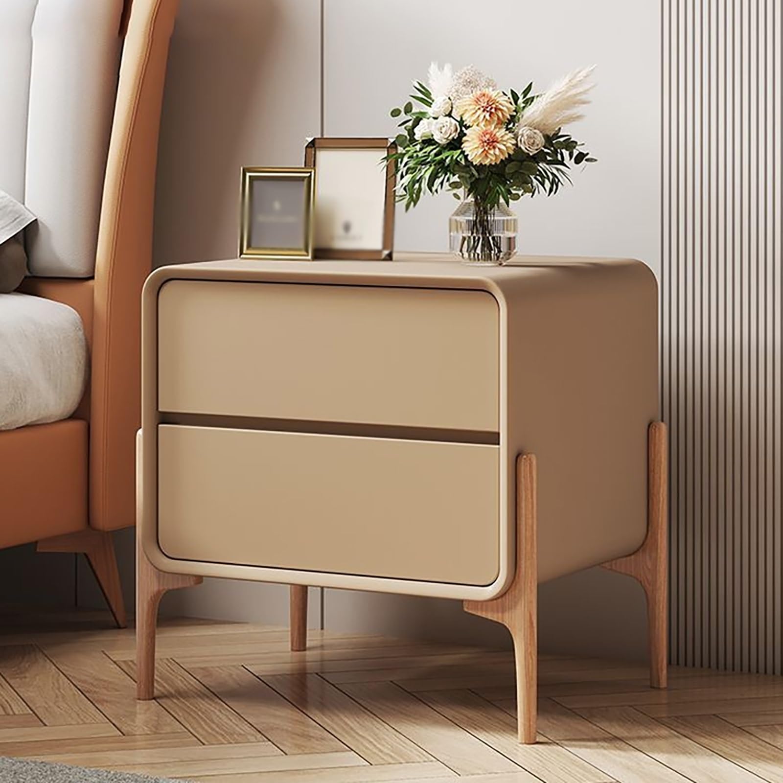 Table de chevet moderne en bois et cuir avec 2 tiroirs de nuit