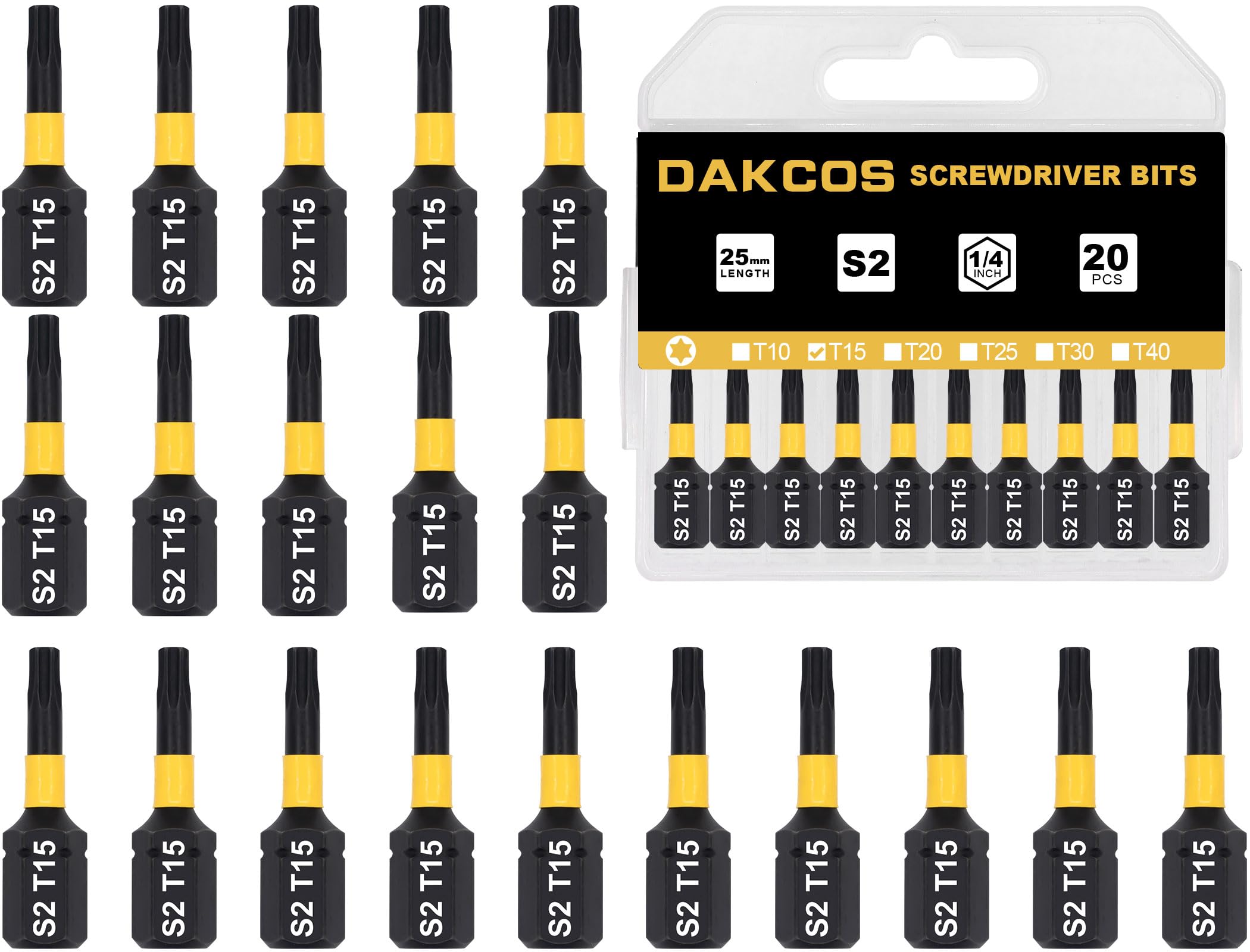 Dakcos T15 Torx Bit, Impact Driver Bits, 1/4" Screwdriver Bit Sets, 20Pcs Premium S2 Alloy Steel Bits, 25Mm Long