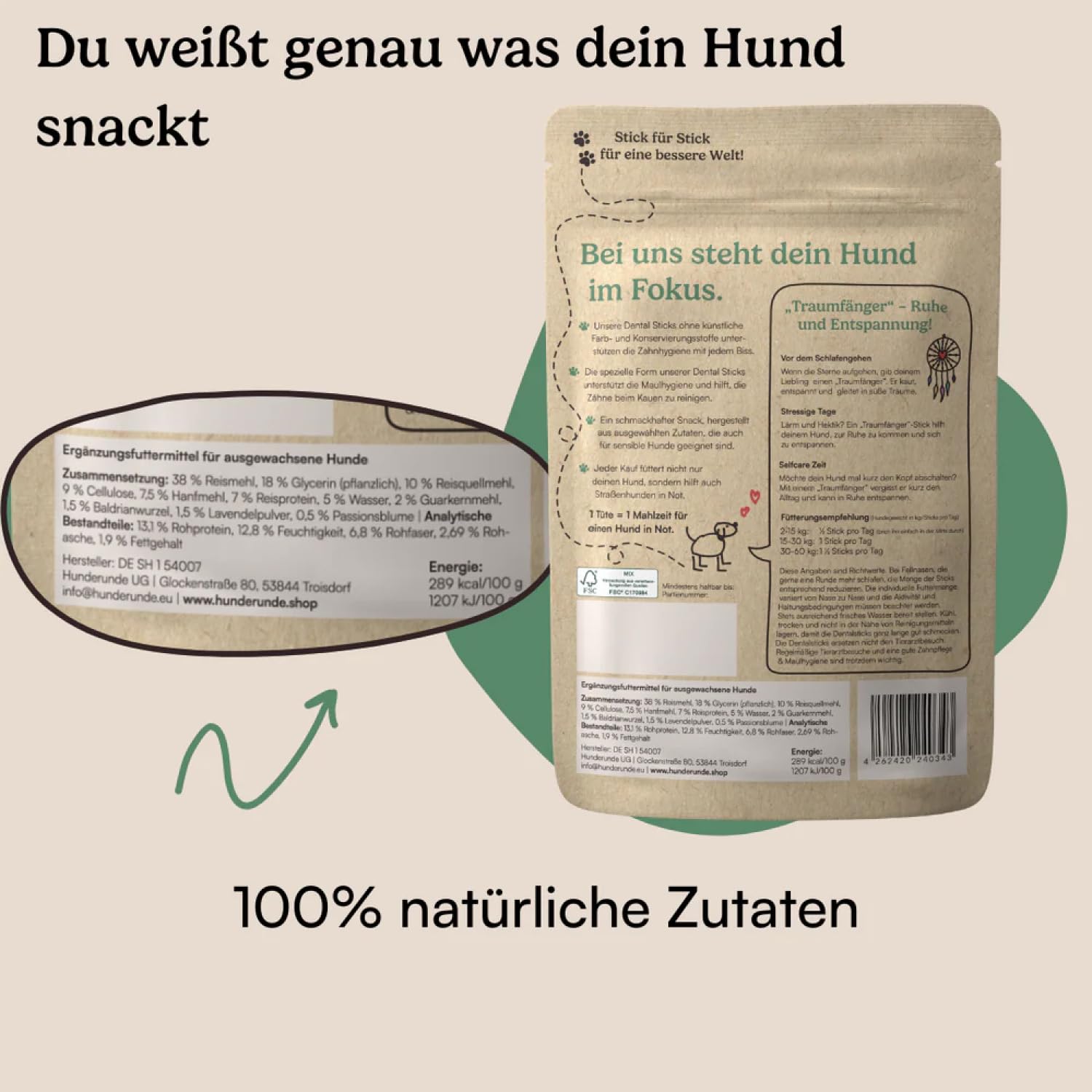 Hunderunde – Dental Sticks Traumfänger 63 STK – vegane Zahnpflege & Entspannung für Hunde – mit Baldrian, Lavendel & Passionsblume – getreidefrei & allergikerfreundlich – täglicher Kaustick