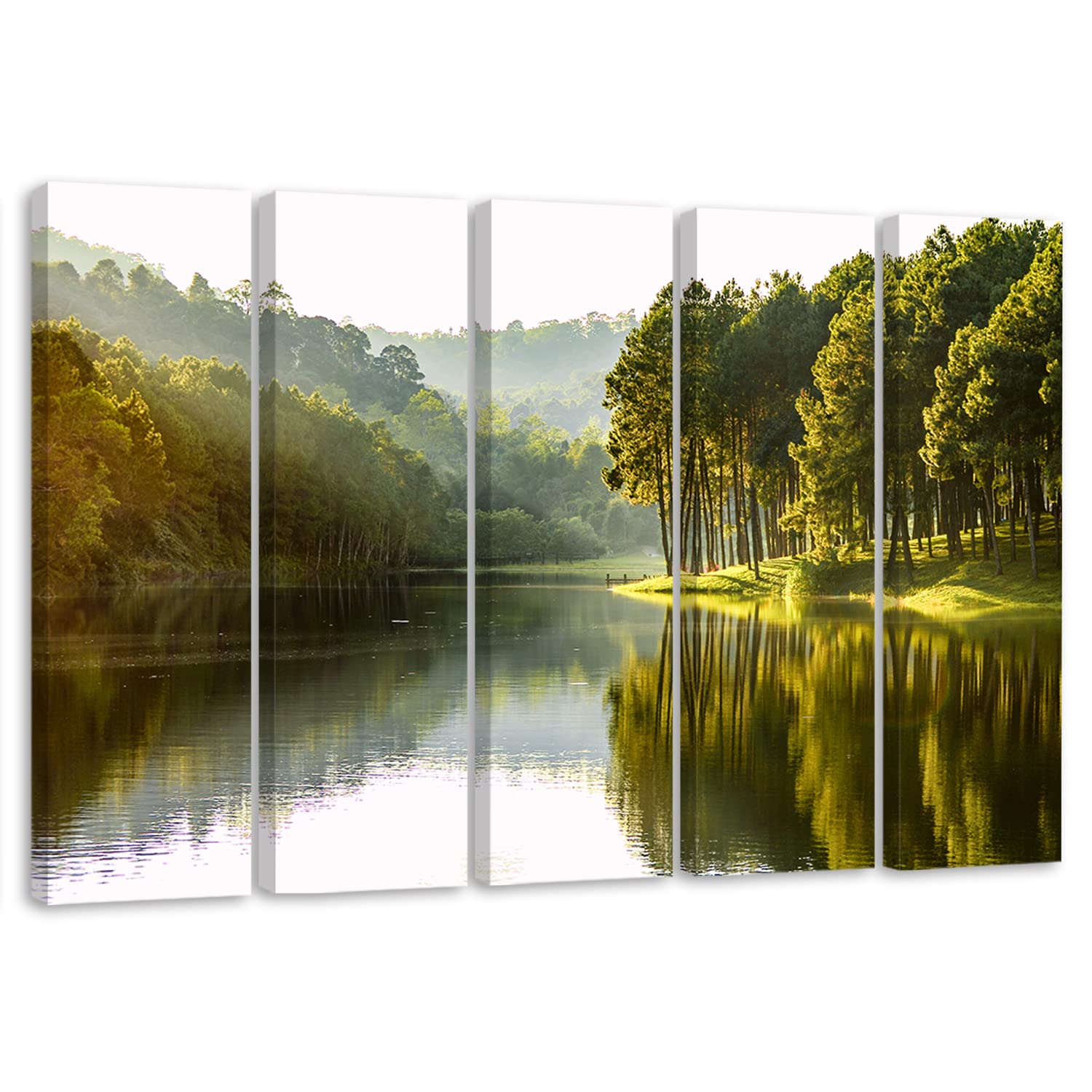 Feeby Cuadro en Lienzo 200x100 cm Árboles El lago Bosque XXL 5 Pieza Modernos Impresión Decoración De Pared Salon Dormitorio Oficina Sol Naturaleza Verde