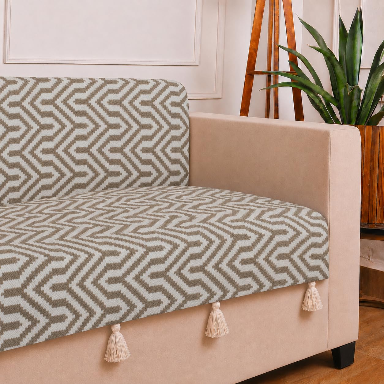 STITCHNEST 'Nomad Weave Collection' 3 Seater Sofa Cover – Full Coverage| Elegant Jacquard Fabric, Decorative Tassels, Washable & Durable for Modern Living