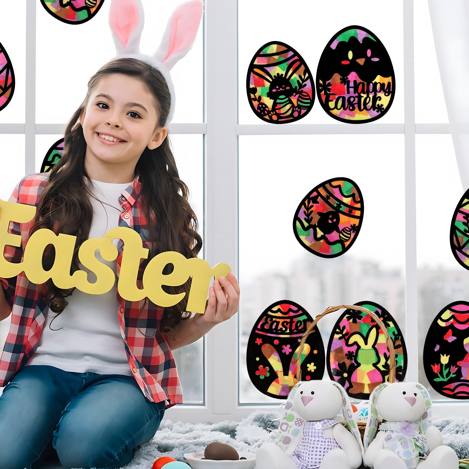 BOOMTOP 14pcs Manualidad Pegatina Ventana Pascua Conejo Huevo, Manualidad Niños de Ventana de Easter, Juego DIY Niño Pegatina Ventana Pascua de Conejo, Conjunto Decoración Ventana Pascua