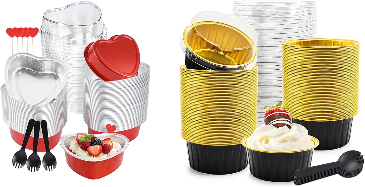 Bundle of 3.5 oz Valentines Gifts Heart Shaped Cake Pans with Lids and 5 OZ Mini Loaf Pans with Lids for Valentine's,Party,Wedding Dessert