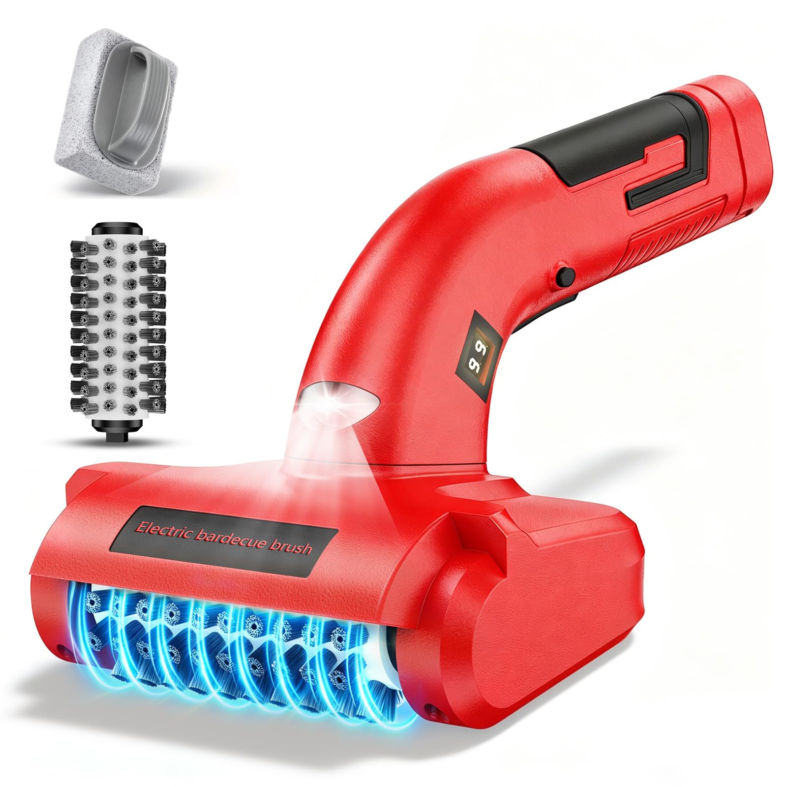 Spazzola elettrica per barbecue, pulitore BBQ motorizzato ricaricabile, setole in acciaio inox 700-800 giri/min, testa rimovibile 304, illuminazione LED, per griglie in ghisa e uso esterno