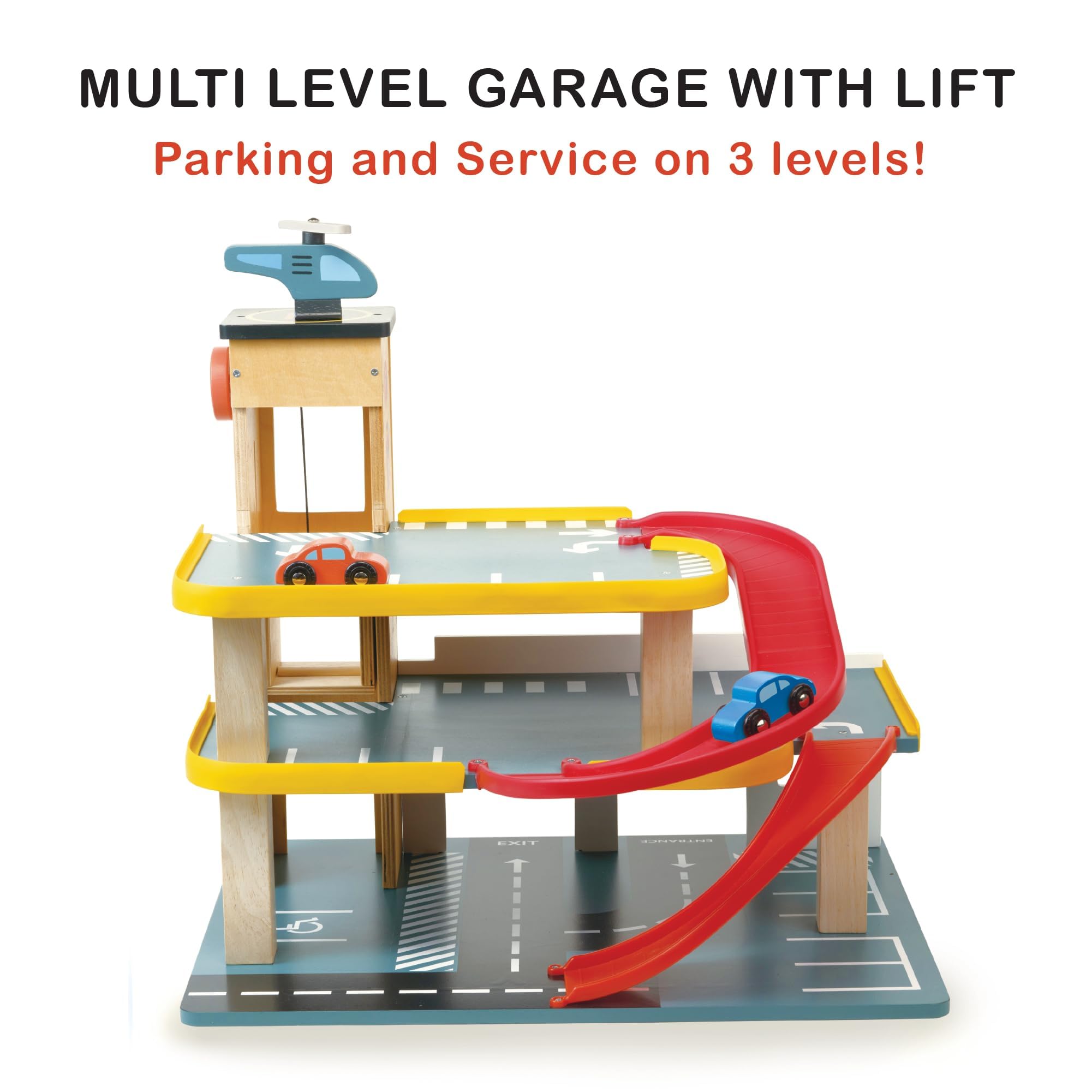 Mentari Garge multilivello con ascensore - Parcheggio in legno con 3 livelli 2 rampe fornito con 2 auto e un elicottero - Immaginazione e narrazione - Età 3+