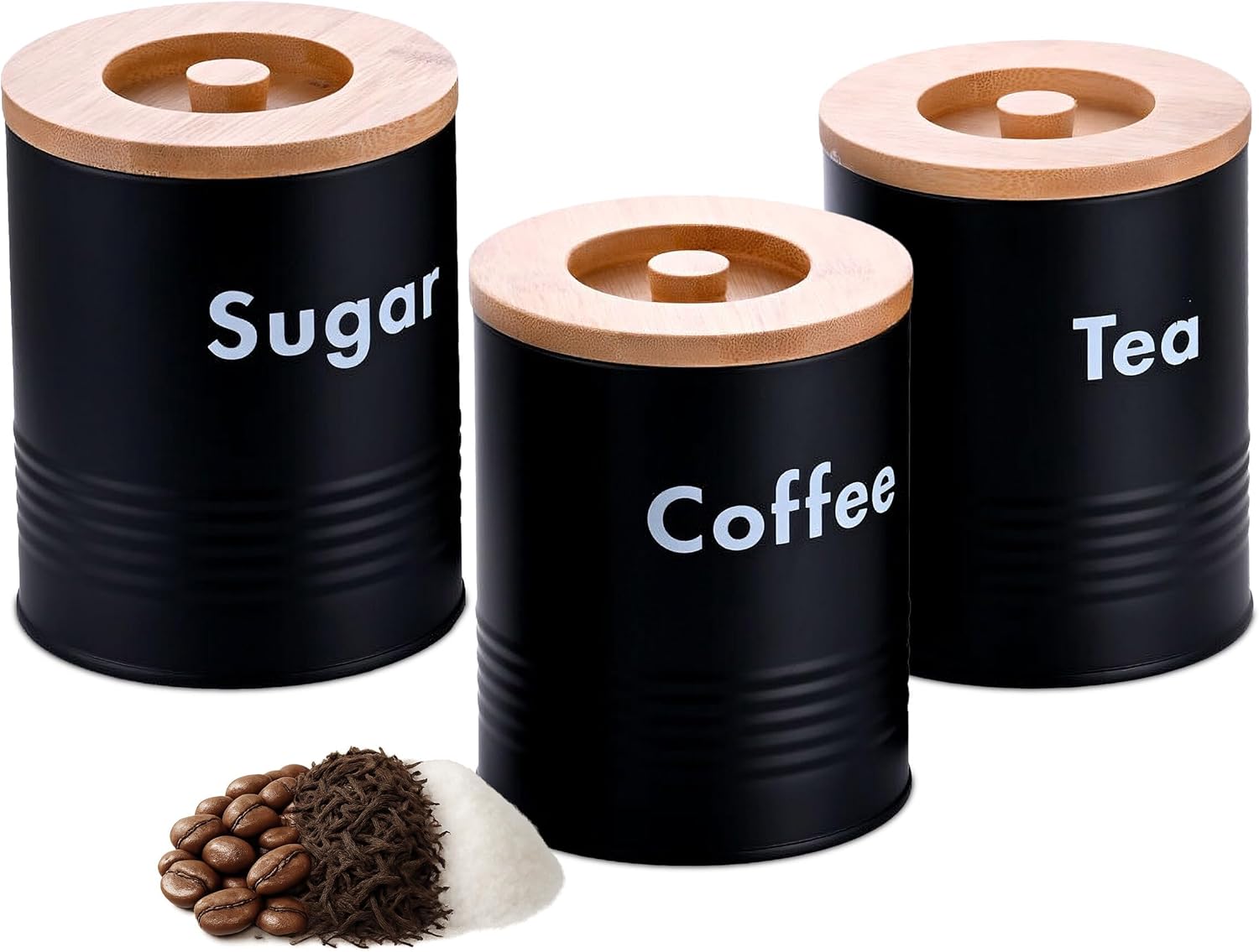 Relaxdays Storage Jars, Set of 3, for Coffee, Tea, Sugar, Metal, Bamboo Lid, H x D: 14 x 11 cm, Kitchen Tin, Black/Natural
