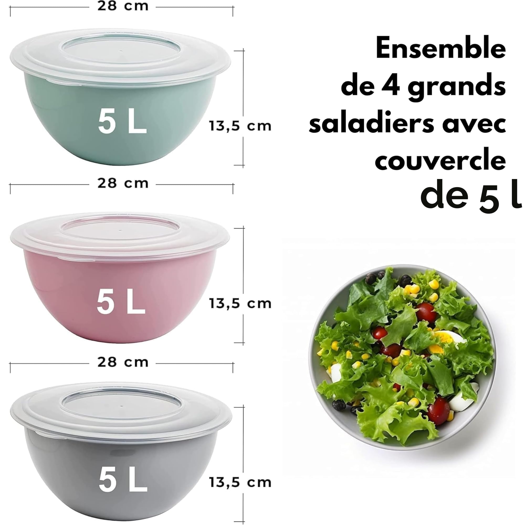 Lot de 4 saladiers en plastique (PP) avec couvercle de 5 l - Sans BPA - Couleur : gris clair, rose pastel, vert et transparent - Diamètre : 28 cm