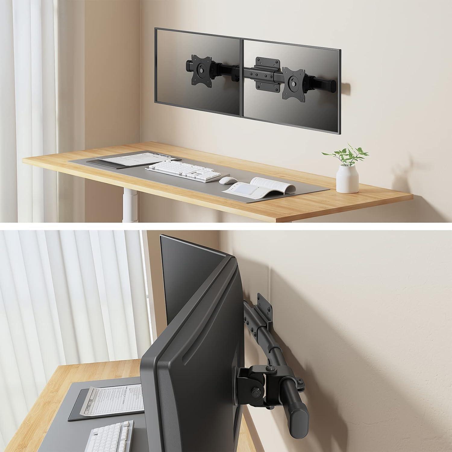 WALI Dual Monitor Wandhalterung,Monitor WandHalterung 2 Monitore bis 27 Zoll-Schwenkbar & Neigbar,VESA 75x75/100x100mm (012ARM),Schwarz