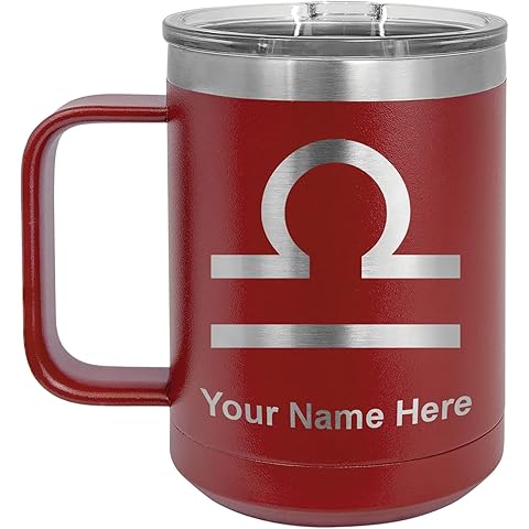 LaserGram 15oz Vacuum Insulated Coffee Mug, Zodiac Sign Libra, Personalized Engraving Included (Maroon)