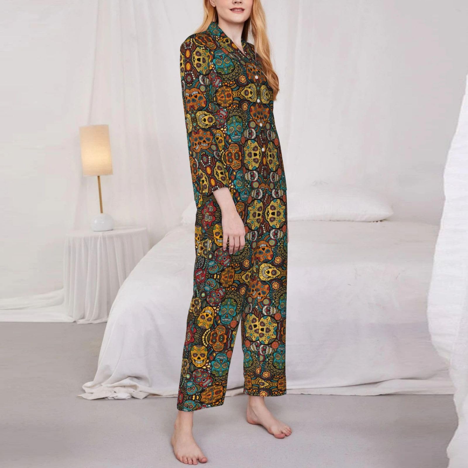 Colorato Zucchero Teschi Stampa Donne Manica Lunga Pigiama Set Daily Lounge Sleepwear Due Pezzi Soft Nightwear Wear