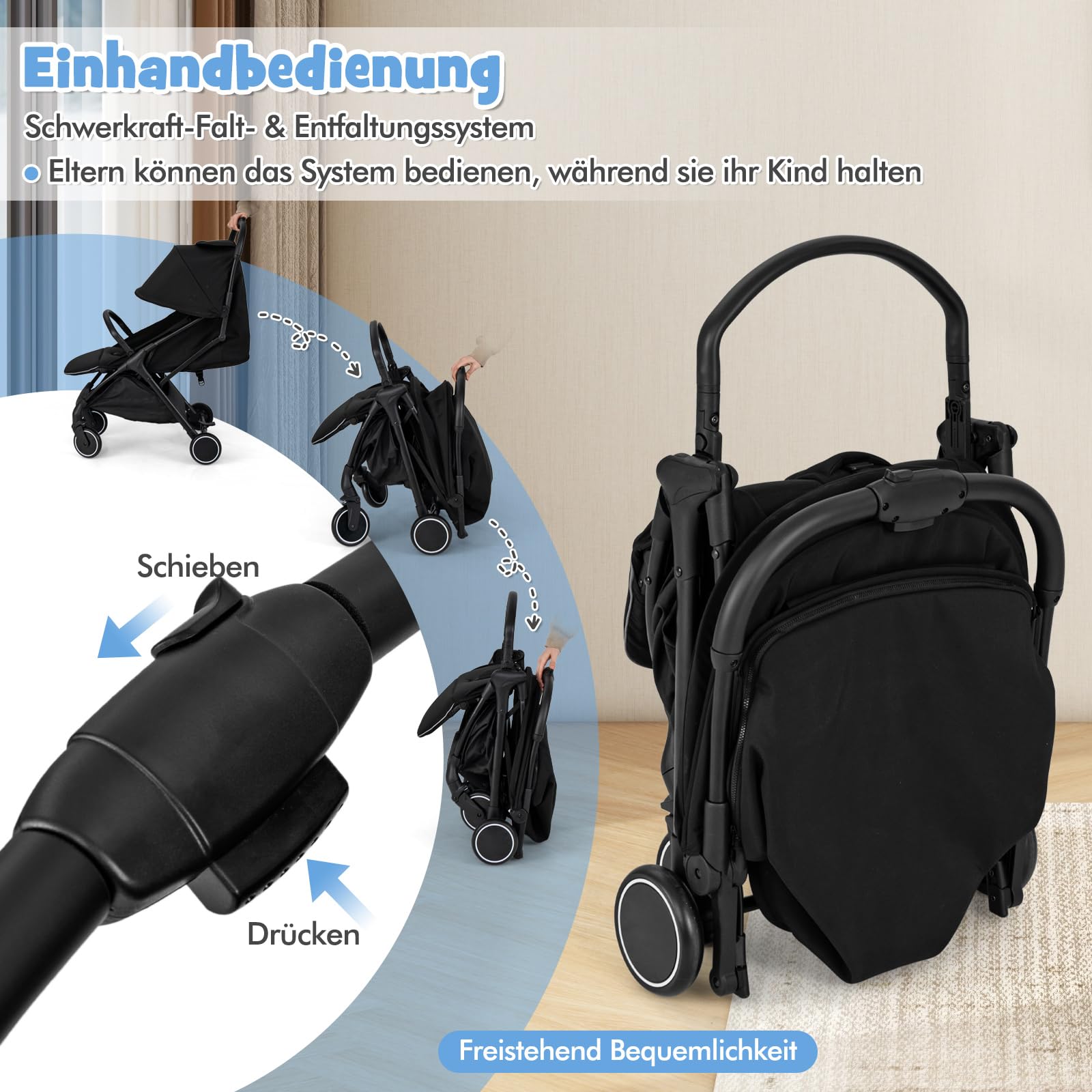 COSTWAY Kinderwagen klappbar, Reisebuggy mit Liegefunktion, Kinderbuggy tragbar mit verstellbarer Rückenlehne, Verdeck & Fußstütze, Babywagen mit Sicherheitsgurt bis 15 kg Belastbar (Schwarz)