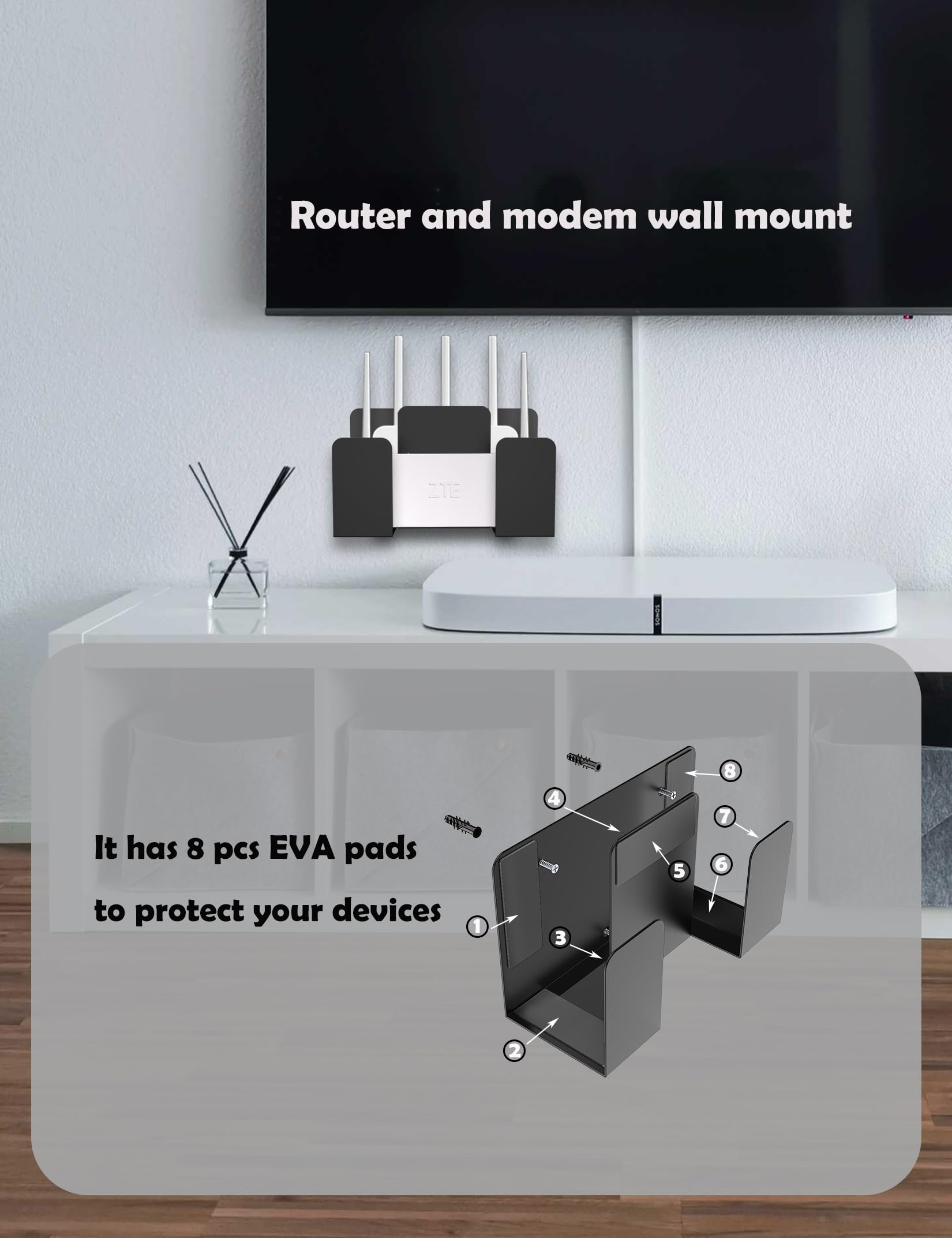 Soporte de pared universal para organizador de oficina para computadora portátil/teclado/tablet/Kindle/router/módem/caja de cable/teléfono celular y más dispositivos pequeños y anchos