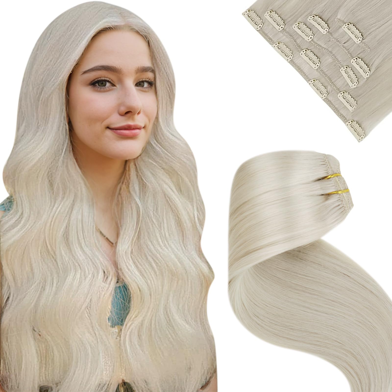 LaaVoo Blonde Clip in Hair Extensions Real Hair Extensions Clip in Human Hair Straight Remy White Blonde Hair Full Head Double Weft 80g 5pcs 20 Inch #60