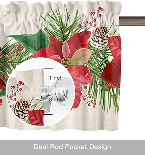 Miniatura 6 de Cenefa de cortina de cocina de flor de pascua de Navidad, cenefa de cortina de ventana, bolsillo para barra, 1 panel, cenefas de ventana para sala