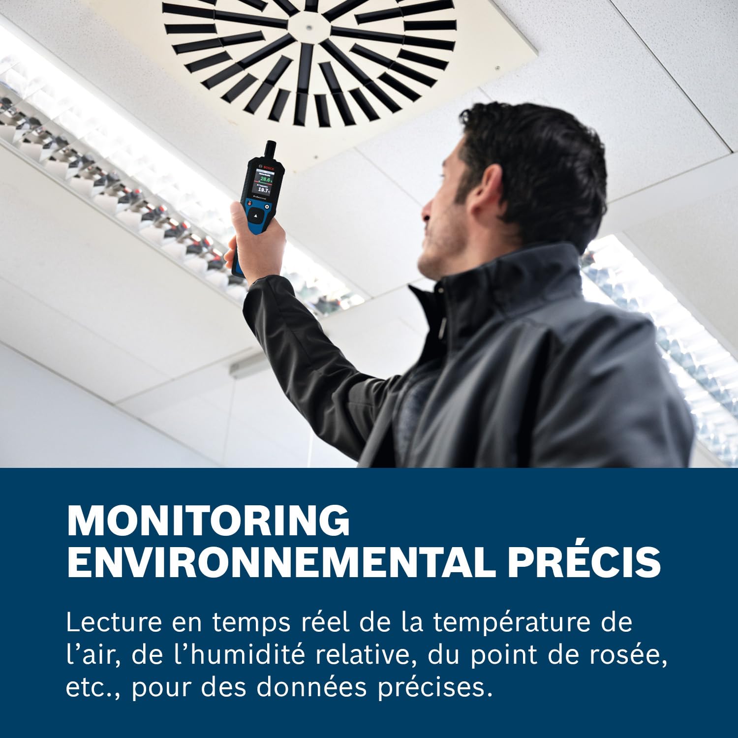 Thermo-hygromètre GDH 1-17 Bosch Professional (lecture en temps réel, écran LCD couleur fortement contrasté, indice de protection IP65, boîtier caoutchouc, 2 piles AA, housse)