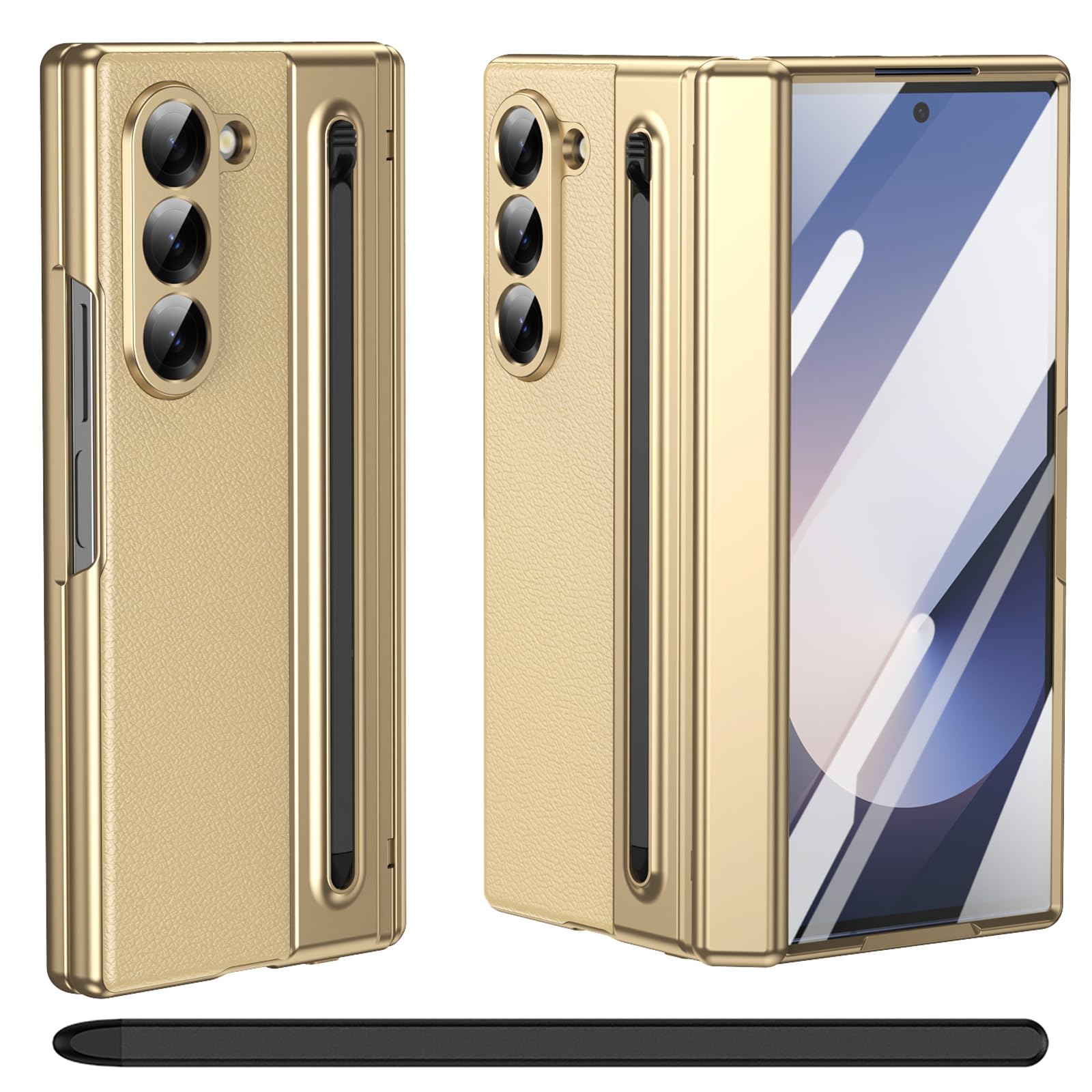 Per Samsung Galaxy Z Fold 5 Custodia con Supporto per S Pen, [Con Pellicola Protettiva in Vetro Temperato], Custodia in Pelle per Samsung Galaxy Z Fold5 con Protezione a Cerniera-Oro