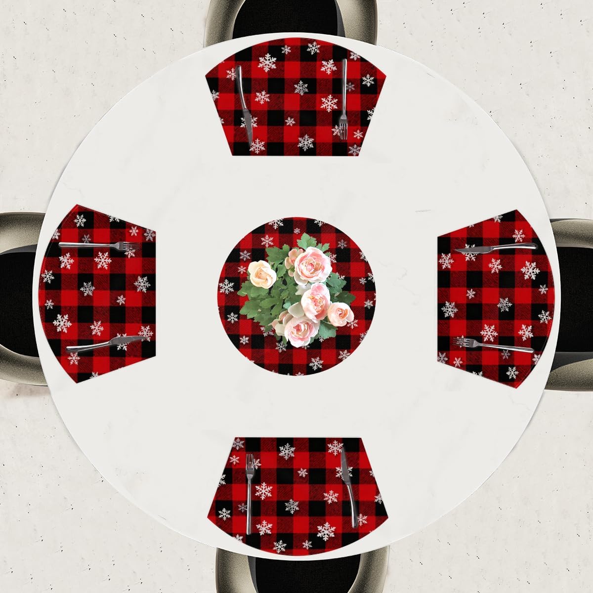Snowflake Fabric PVC Placemats for Round Table Place Mats Set of 5 with Round Centerpiece Mat, Large Size Wedge Shape Placemats Washable Heat Resistant Dining Table Mat