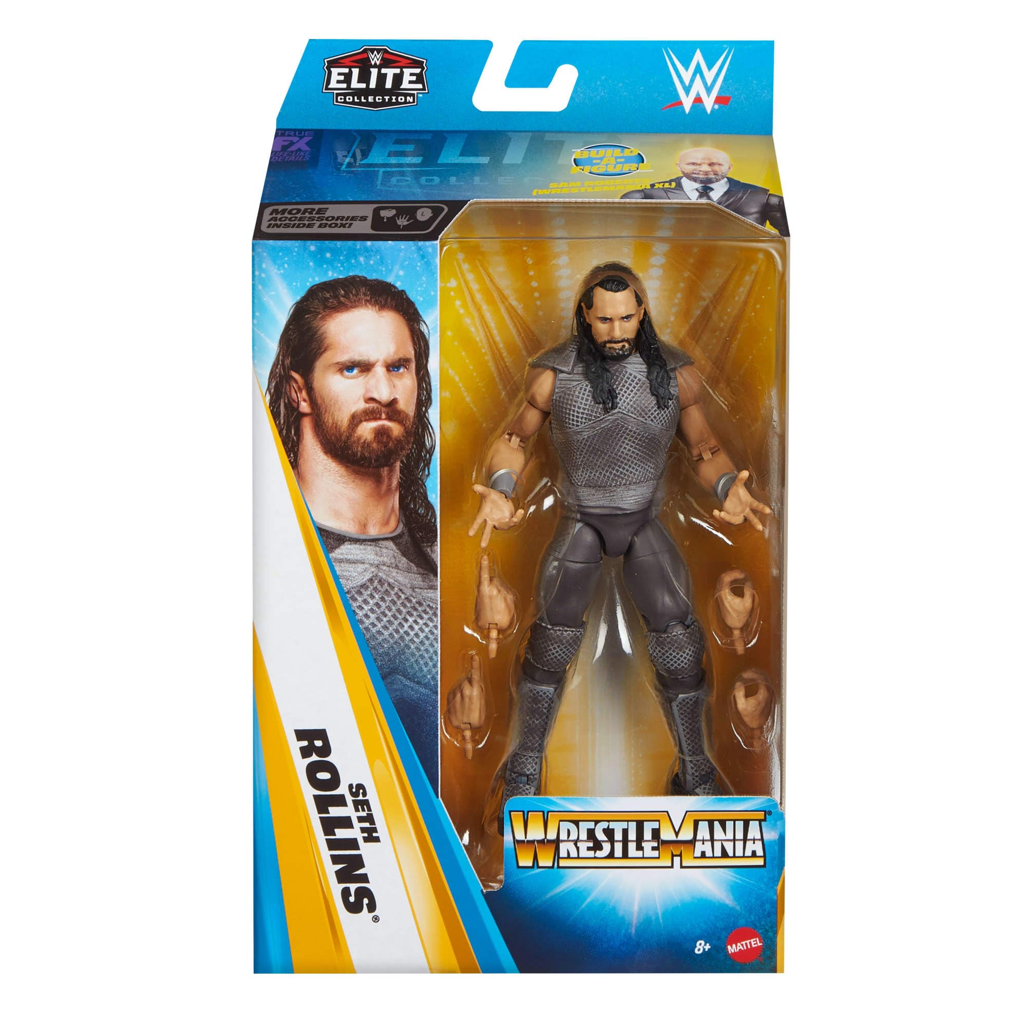 Mattel WWE Elite Collection Premium Live Event Seth Rollins Figurka i akcesoria Zestaw, Survivor Series, część do złożenia figurki Sam Roberts, zabawka dla dzieci 8+, fanów i kolekcjonerów, JHX75